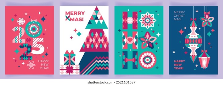 Beautiful set of christmas greeting cards with decorative tree, lettering hohoho, 2025 and decorations. New Year card with creative bright holiday symbols. Poster, banner, cover, invitation