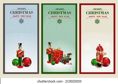 Beautiful set. Christmas and a Happy New Year greeting card. Wooden soldier ,nutcracker, iron train, gift box  and Christmas balls. Vector