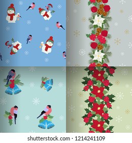 Beautiful set of christmas vector illustrations. Snowmen, bullfinches, garlands. For decoration of textiles, packaging, web design.