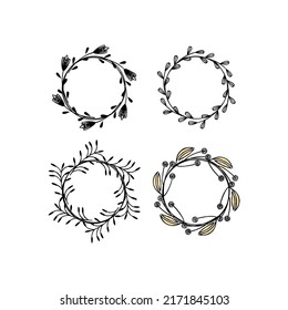 A beautiful set of circle botanical frame logos featuring intricate leaf and flower designs arranged in elegant circular shapes. Ideal for wedding stationery, boutique brands, beauty products