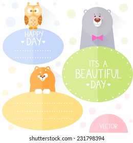 beautiful set with circle frame and funny animals owl bear and cat with place for text in flat style 