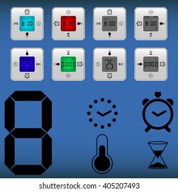 Beautiful set of clock - alarm clock, timer, thermometer. With a set of icons of the same name