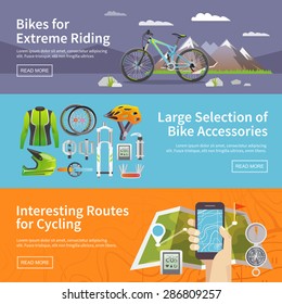 Beautiful set of colorful flat vector banners on the theme: mountain biking, bike store, routes for cycling. All items are created with love especially for your amazing projects.