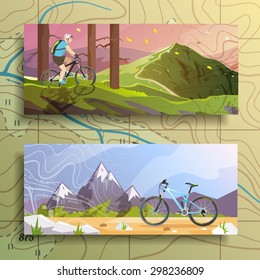 Beautiful set of colorful flat vector banners on the theme: mountain biking, cycling. All items are created with love especially for your amazing projects.