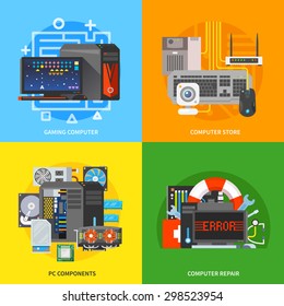 Beautiful set of colorful flat vector square banners on the theme: gaming computer, pc components, computer repair, pc store. All items are created with love especially for your amazing projects.