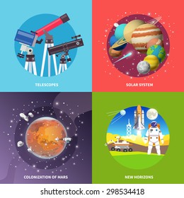 Beautiful set of colorful flat vector square banners on the theme: telescopes,solar system, mars, space. All items are created with love especially for your amazing projects.