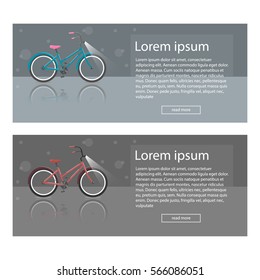 Beautiful set of colorful flat vector banners on the theme mountain biking, bike store, routes for cycling. Trendy style for graphic design, logo, Web site, social media, user interface, mobile app.