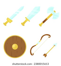 Hermoso conjunto de armas de combate, espadas, hacha, escudo, arco y flecha, sobre un fondo blanco aislado, para el juego, estilo de dibujos animados, ilustración vectorial, 10 pasos