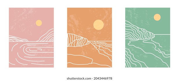 Bonito conjunto de líneas creativas minimalistas de línea moderna sobre fondo colorido. Montaña, bosque, mar, horizonte, olas en dibujos a mano para la decoración de las paredes. Ilustración vectorial de dibujos animados planos