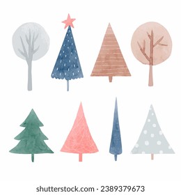 Beautiful set with cute abstract watercolor forest trees. Stock illustration. Vector