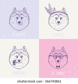 Beautiful set with cute and funny emoticon husky dogs. Vector illustration