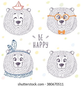 Beautiful set with cute and funny emoticon bear in sketch style. Vector illustration