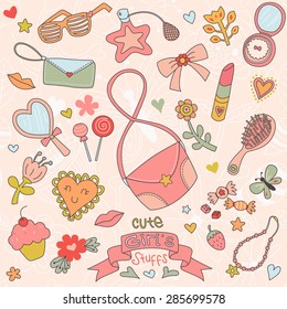 Beautiful set of cute girl's stuffs clip art, very feminine and pink