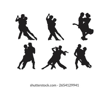 Beautiful set of dancing couples in black silhouette style illustration. Silhouettes of Couples Performing Passionate Tango Dancers. Silhouette of dancing people.