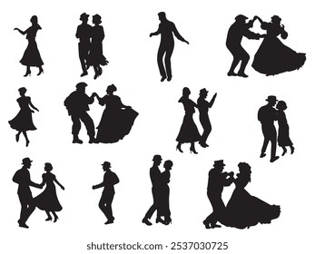 Beautiful set of dancing couples in silhouette black style illustrations isolated on white. Concept of dancing classes, jazz, classic dance. Dancing classes, retro theater performance show, party time