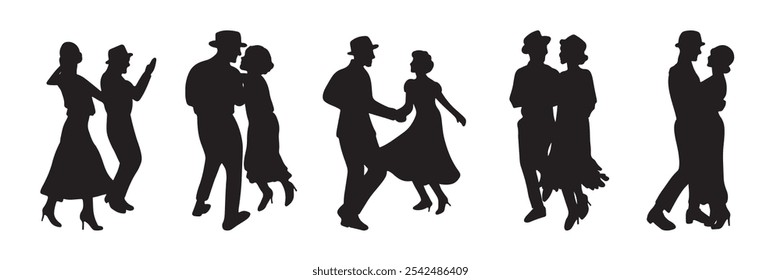 Beautiful set of dancing couples in silhouette black style illustrations isolated on white. Concept of dancing classes, jazz, classic dance. Dancing classes, retro theater performance show, party time