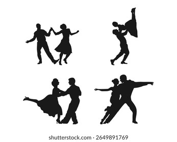 Beautiful set of dancing couples in silhouette. Silhouette of dancing people. A couple of lovers. Couples Silhouettes in Various Ballroom Dances.