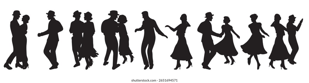 Beautiful set of dancing couples in silhouette black style illustrations isolated on white. Concept of dancing classes, jazz, classic dance. Dancing classes, retro theater performance show, party time
