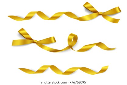 Beautiful set of decorative golden bows with long ribbon isolated on white. Vector yellow gift bow with horizontal curled ribbon. Winter holiday decorations 