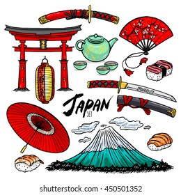 beautiful set of different Japanese symbols. hand-drawn illustration