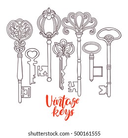 Beautiful set of different sketch vintage keys. hand-drawn illustration