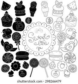 Beautiful set of different sweets. Black and white version.