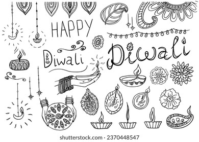 Beautiful set of Diwali festival objects and symbols. Flowers, lit candles, fire. Celebrating the Indian festival Happy Diwali. Great for greeting card, banner, poster. Hand drawn