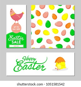 Beautiful set of Easter banners ans seamless pattern with chicken and eggs. Vector illustration.