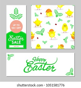 Beautiful set of Easter banners ans seamless pattern with chicken and plants. Vector illustration.