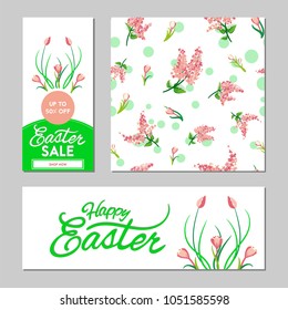 Beautiful set of Easter banners ans seamless pattern with tulips, lilac and lettering. Vector illustration.