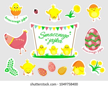 Beautiful set of Easter doodles and text Happy Easter in Polish. Vector illustration.