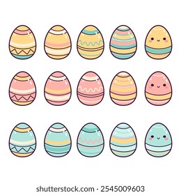 Beautiful set of easter eggs with ornament in linear style. Happy Easter. Flat vector illustration isolated on white background