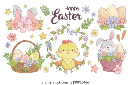 Beautiful set with Easter illustrations. Easter bunny and chick with Easter eggs and flowers. Happy easter set. Vector illustration.