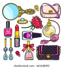 beautiful set of female things - rose, lipstick and nail polish. hand-drawn illustration