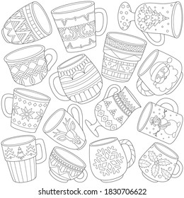 Beautiful set of festive mugs and glasses for hot drinks in Christmas style, Cute coloring book, Christmas mugs and hot drinks glasses, Christmas tree mug, elegant pattern cups, reindeer mug, tablewar