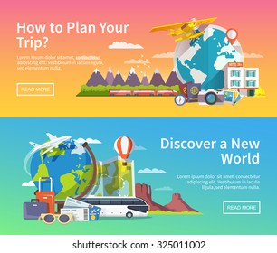 Beautiful set of flat vector banners on the theme summer travel, adventure, vacation.  Modern flat design.