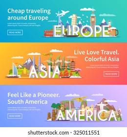 Beautiful Set Of Flat Vector Banners On The Theme Asia, Europe, America, Summer Travel, Adventure, Vacation. Modern Flat Design.