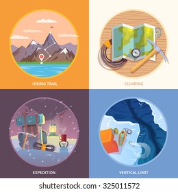 Beautiful set of flat vector banners on the theme of climbing, camping, trekking, expedition in wild corners of the earth, mountain man. Modern flat design.