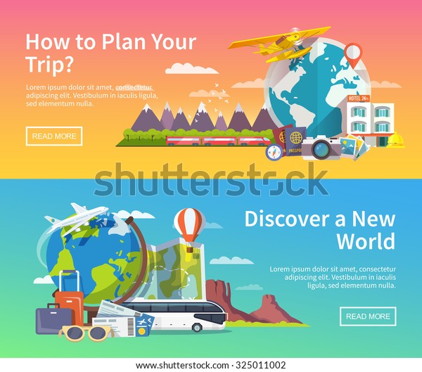 Beautiful set of flat\
vector banners on the theme summer travel, adventure, vacation. \
Modern flat design.