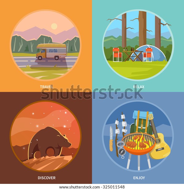 Beautiful set of flat\
vector banners on the theme of camping, tour, hike in the woods,\
the outdoors, adventure, wildlife, trekking, relaxing with friends.\
Modern flat design.