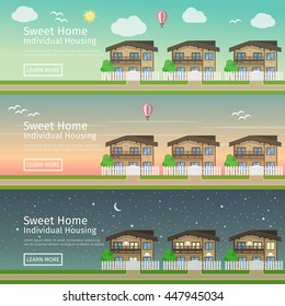 Beautiful set of flat vector web banners on the theme of country Real Estate at different times of day.
