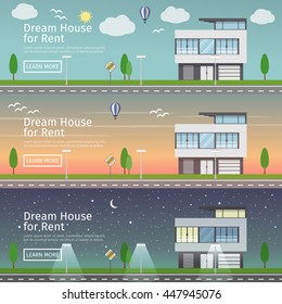 Beautiful set of flat vector web banners on the theme of modern Real Estate at different times of day.