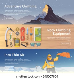 Beautiful set of flat web vector banners on the theme of Climbing, Trekking, Hiking, Mountaineering. Extreme sports, outdoor recreation, adventure in the mountains, vacation. Modern flat design.