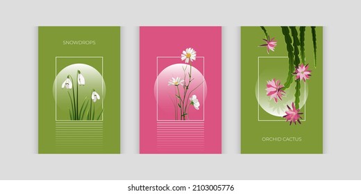 Beautiful set with floral elements. Nature art set for spring season concept, wedding invitation, or women gift. Design for packaging design, social media post, cover, banner.