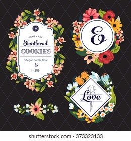 Beautiful set of floral vintage style badges and labels. Vector collection of flower frames made of pink and white blossoms, roses, asters, dandelions, bellflowers, camomile on black background