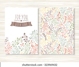 A beautiful set of flyers, brochures, templates design. Vintage cards with hand drawn flower patterns, ornaments. Floral decorations, leaves, flower texture. Spring, summer or autumn vector banners.