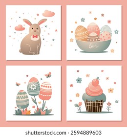 beautiful set of four easter cards with cute rabbit, eggs, easter cake in soft gradient. group of vector easter arts. vector illustration for spring, holiday designs, invitations. easter digital art