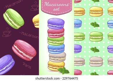 Beautiful  set with French dessert macaroons.  Two seamless patterns, colorful cookies. Vector