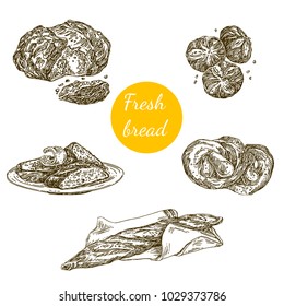 Beautiful set of fresh bread. Baguette, buns, rye bread. Engraving style. Vector illustration.