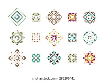 Beautiful Set of Geometric Ethnic Patterns. Vector Mexican and Aztec Decor Elements. Trendy Isolated Backgrounds, Icons and Logotypes. 